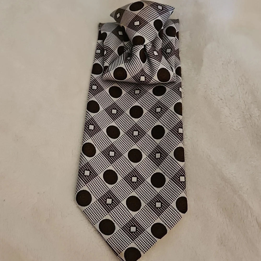 Vtg SEARS 1960s Brown and Silver Circle Atomic Patterned Wide Clip-on Tie